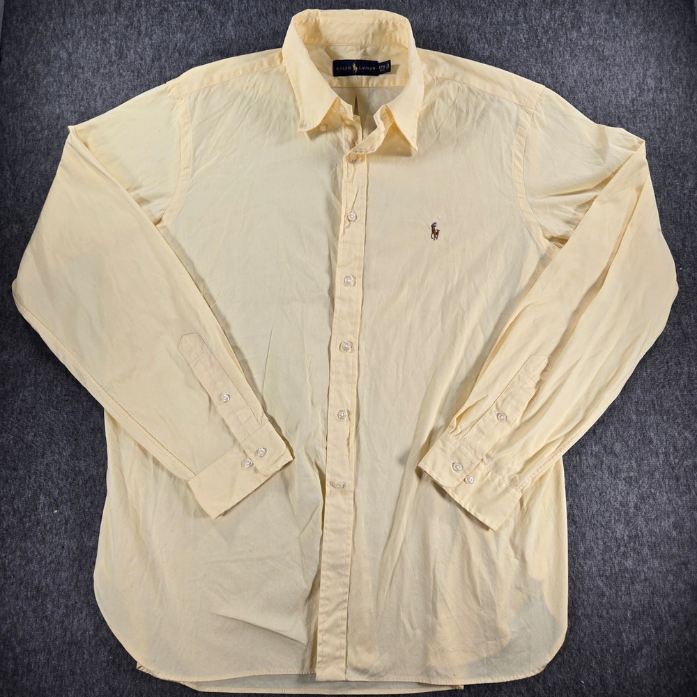 Polo Ralph Lauren Mens Button Down Shirt Size 17.5 Yellow Long Sleeve Flesh Pony